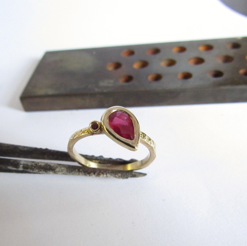 Handmade 14K Yellow Gold Ruby Ring, Pear Cut Stone
